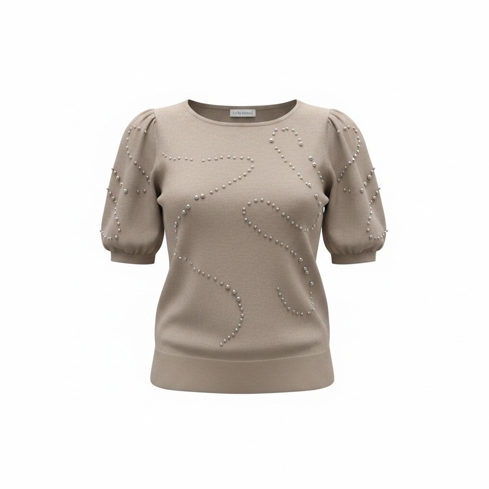 Kathy Ireland Womens XL Taupe Pearl Embellished Puff Sleeve Knit Sweater HS65984